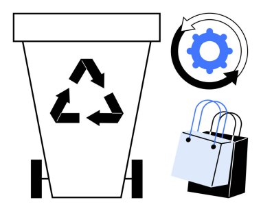 Geri dönüşüm sembollü geri dönüşüm kutusu, dairesel okların içindeki teçhizat ve alışveriş torbaları. Sürdürülebilirlik, atık yönetimi, çevre dostu uygulamalar, geri dönüşüm süreçleri, dairesel ekonomi için ideal