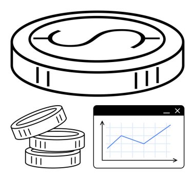 Döviz sembollü büyük para, bozuk paralar, yukarı doğru eğilimi gösteren grafik penceresi. Finans, yatırım, kripto para birimi, kâr, tasarruf ekonomisi büyümesi için ideal. Düz basit metafor