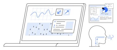 Dinamik çizelgeleri olan dizüstü bilgisayar ekranı, kullanılabilir veri noktaları ve analiz arayüzü. Kafa profili kullanıcı görüşlerini sembolize ediyor. Analiz, kullanıcı deneyimi, teknoloji, sağlık ve eğitim için ideal