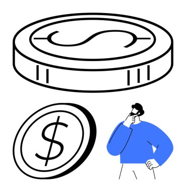 Üzerinde dolar işaretleri olan büyük, detaylı sikkeler. Mavili düşünceli bir insanın yanında. Finans, bütçe, yatırım, karar verme, para yönetimi, ekonomi, tasarruf için idealdir. Düz basit metafor