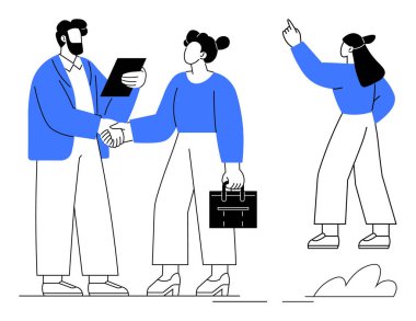 İş dünyasından profesyoneller belgelerle el sıkışırken, bir diğer meslektaş odak noktasına işaret ediyor. Takım çalışması, anlaşma, ağ oluşturma, liderlik, iletişim, karar verme, ortaklık için ideal