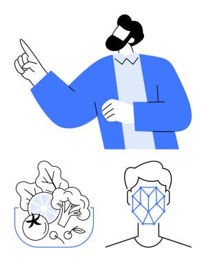 Profesyonel erkek fikirleri tartışıyor, bir kase sebze sağlıklı yaşam tarzını temsil ediyor, yüz tanıma sistemi teknolojiyi işaret ediyor. Sağlık, beslenme, yapay zeka, yenilik, eğitim ve teknoloji için ideal