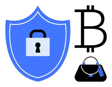 Asma kilitli bir kalkan, Bitcoin sembolü ve güvenli el çantası dijital para birimlerinin korunmasını temsil ediyor. Siber güvenlik, kripto para birimi, dijital cüzdanlar, ekonomik güvenlik ve finans için ideal