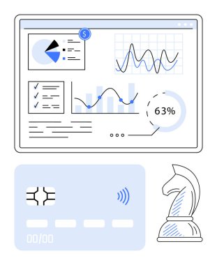 Grafikler, pasta grafikleri, ilerleme istatistikleri, ödeme kartı ve satranç şövalyeleriyle etkileşimli mali konsol. Finans, iş stratejisi, analitik, fintech dijital pazarlama karar verme süreci için ideal