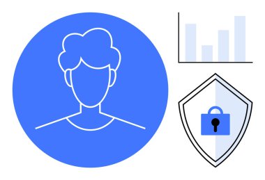 Mavi çemberdeki kullanıcı profili, bar çizelgesi ve kilit veri gizliliğini temsil eden bir kalkan. Siber güvenlik, veri koruması, kullanıcı kimliği, analitik, çevrimiçi güvenlik, gizlilik ve teknoloji için ideal