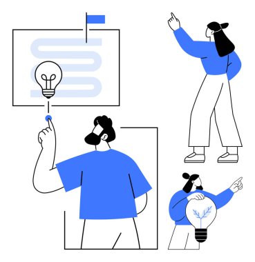 İnsanlar ampullerle, yol haritasıyla ve işbirliği jestleriyle fikirler üretiyor. Takım çalışması, yenilik, planlama, strateji, yaratıcılık liderlik eğitimi için ideal. Minimalist düz metafor