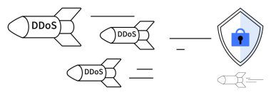 DDoS etiketli füzeler siber güvenlik savunmasını sembolize eden mavi asma kilitli kalkanlara doğru fırlatılıyor. Siber saldırı önleme, güvenlik stratejileri, çevrimiçi koruma, bilgisayar korsanlığı, bilişim teknolojileri için ideal.