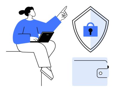 Laptop kullanan bir kadın, siber güvenliği simgeleyen asma kilit. Güvenli online işlemleri temsil eden dijital cüzdan. Siber güvenlik, çevrimiçi güvenlik, veri koruması, mahremiyet ve güvenlik için ideal