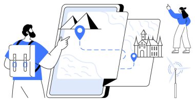 Bir tablet haritasında, şatoda ve dağlarda hedefler olarak işaretlenmiş konum pimlerini gösteren bir sırt çantası. Kadın fotoğraf çekiyor. Navigasyon, turizm, seyahatler, keşif, seyahat planlama, eko-turizm için ideal