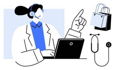 Tıbbi uzman sanal konsültasyon için dizüstü bilgisayar kullanıyor, yukarıya bakıyor. Alışveriş torbaları ve steteskop görünüyor. Teletıp, e-ticaret, çevrimiçi hizmetler, sağlık hizmetleri, sanal