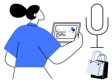 Tablet tutan kişi grafik ve çizelge, büyük mikrofon, alışveriş torbaları. Sunumlar, veri analizi, e-ticaret, piyasa araştırması, halka açık konuşma, çevrimiçi alışveriş satışları için ideal