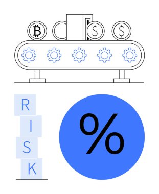 Bitcoin, dolar sikkeleri, vites, mavi yüzde işareti ve istiflenmiş RISK blokları olan taşıyıcı. Finans kavramları, yatırım, risk yönetimi, kripto para birimi faiz oranları otomasyonu için ideal