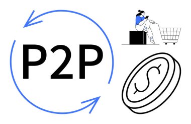 Merkezde P2P ve çember oluşturan oklar. Arabası olan kişi, büyük madeni para simgesi. Finans, işlem, e-ticaret, ödemeler, dijital ekonomi tüketici davranışları için ideal online alışveriş. Soyut