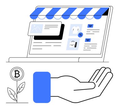 Ürün detaylarıyla dizüstü bilgisayar mağazası arayüzü, finansal işlemleri sembolize eden bir el ve Bitcoin bitki simgesi. E-ticaret, finans, kripto para birimi, yatırım, çevrimiçi alışveriş için ideal