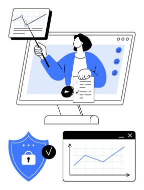 Ekranda verileri grafik, belge ve kalkan simgesi ile sunan kişi. Eğitim, analitik, siber güvenlik, içerik oluşturma, uzaktan görüşmeler, teknik yenilik takım çalışması için idealdir. Düz
