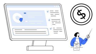 İş kadını, mali analizi rapor ve bilgisayar monitöründen görüntü ile sunuyor. Finans, iş stratejisi, veri analizi, eğitim, danışmanlık, analitik, düz basit metafor