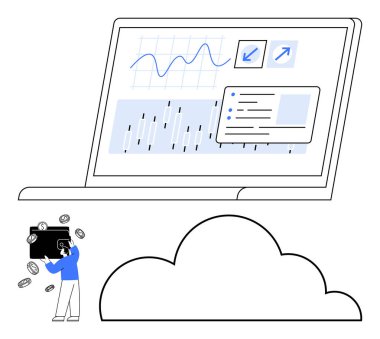 Grafikler, grafikler ve veriler bir bulut üzerinde bir kişinin bozuk para topladığı bir dizüstü ekranda. Finans, bulut hesaplama, dijital ekonomi, veri analizi, teknoloji, yatırım finans için ideal