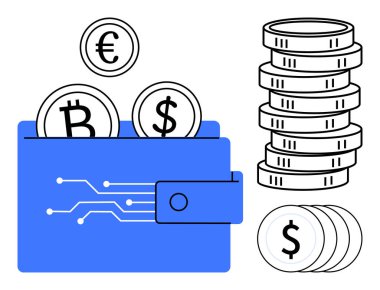 İçinde bitcoin, euro ve dolar işaretleriyle işaretlenmiş kripto para paralarının olduğu cüzdan, ayrıca geleneksel madeni paraların istiflenmesi. Finans, kripto para birimi, blok zinciri, tasarruf, dijital ödeme fintech için ideal