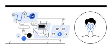 Sohbet robotlu dizüstü bilgisayar, uygulamalar için ikonlar, duygusal yüzler, analizler, yüz tanıma. Yapay zeka, makine öğrenimi, dijital UI, duygusal analiz geleceğin teknoloji güvenliği soyut çizgisi düz metafor için idealdir