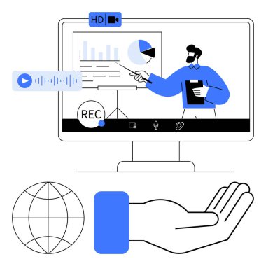 Küresel erişim ve işbirliği ile desteklenen HD video, kayıt ve ses araçları ile verileri monitörde sunan konuşmacı. Çevrimiçi öğrenme, web siteleri, uzaktan çalışma, dijital eğitim ve küresel eğitim için ideal