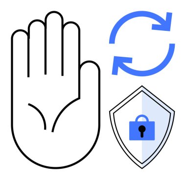 Durmayı ya da uyarıyı temsil eden el hareketi, güvenliği sembolize eden kalkan ve güncellemeler için dairesel oklar. Siber güvenlik, gizlilik, koruma, veri bütünlüğü, sistem güncellemeleri için ideal