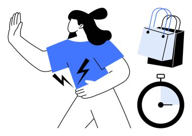 Mavi gömlekli kadın mide ağrısı, zaman yönetimi, stres, alışveriş torbaları tüketiciliği gösteriyor ve kronometre de aciliyeti gösteriyor. Stres yönetimi, zaman yönetimi ve sağlık için ideal