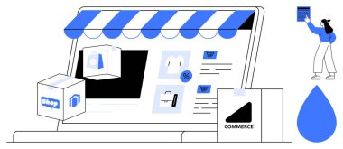 Çevrimiçi mağaza önü, dağıtım kutusu, ürün listeleri ve içerik yaratan müşterisi olan dizüstü bilgisayar ekranı. E-ticaret, dijital alışveriş, pazarlama, satış teslimatı, perakende müşteri seyahati için ideal. Düz