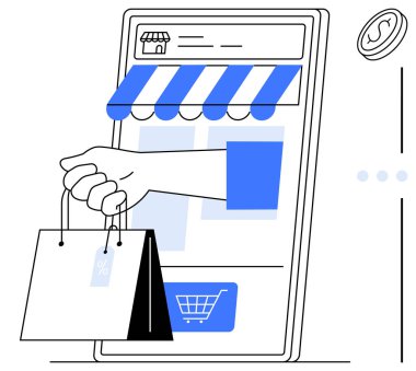 Akıllı telefon, alışveriş torbaları dağıtan bir el ile çevrimiçi mağaza vitrini gösteriyor. E-ticaret, dijital işlem, perakende, alışveriş, dağıtım, iş yönetimi ve mobil teknoloji temaları için ideal