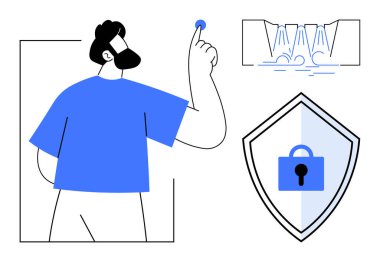 Mavi düğmeye basan adam, teknoloji kontrolünü temsil ediyor. Görseller arasında akan verileri olan bir şelale ve kilidi olan bir kalkan yer alıyor. Güvenlik, teknoloji, veri akışı, koruma, mahremiyet için ideal