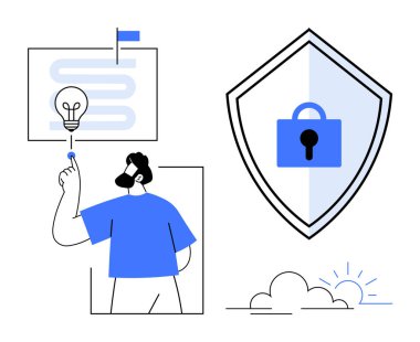 Ampul grafiği, kilit sembollü kalkan, soyut hat yolu, bayrak direği, bulut ve güneş ile etkileşim halinde. Yenilik, güvenlik, strateji teknolojisi yaratıcılığı için ideal dijital