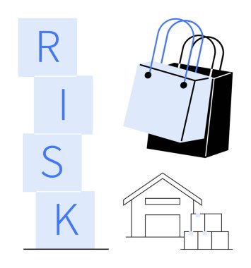 Bir alışveriş poşeti ikonunun yanında RISK yazan dikey mavi bloklar yığını, üç kutulu depo taslağı. E-ticaret, perakende sorunları, lojistik, depo yönetimi için ideal, online