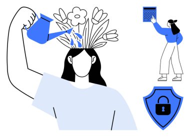 Kafasından çiçekleri sulayan kadın, kendi kendini büyütmeyi temsil ediyor. Kilitli bir kalkan ve hesap makinesi tutan bir kadın figürü içeriyor. Kişisel bakım, öğrenim, yaratıcılık ve büyüme için ideal