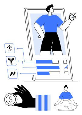 Mobil ekrandaki kişi, fitness hedefleri, grafikler, para tasarrufu, meditasyon. Sağlık, kişisel gelişim, finansal planlama teknolojisi yaşam tarzı farkındalığı için idealdir. Düz basit