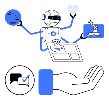 Robot, yasal dengeyi, sağlık, otomasyon ve veri analizini desteklerken, işleri idare ediyor. Teknoloji için ideal, Al, yasal, sağlık, yenilik çoklu görev üretkenliği