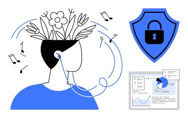 Çiçekleri ve yaprakları olan kişiler yaratıcılığı, notaları, asma kilit kalkanını ve veri grafiklerini sembolize ediyor. Yaratıcılık, müzik, analitik, güvenlik, dijital çözümler için ideal basit yenilikler