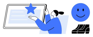 Mavi bir yıldız ve mavi mutlu bir yüz ve merdiven çizimi eşliğinde tablet ekranına doğru elini kaldıran kadın. Başarı, başarı, motivasyon, teknoloji, kullanıcı deneyimi için ideal