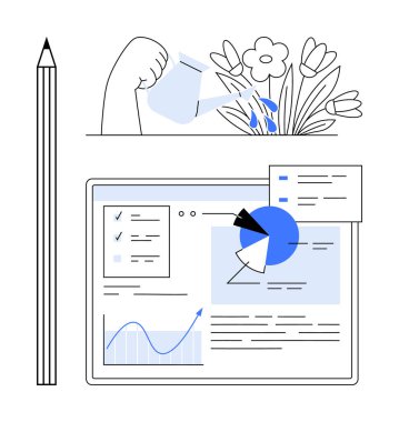 Çiçeklerin üzerine su dökme grafikleri, pasta tablosu, kontrol listeleri ve kalemle birlikte dijital torpido gözünde. Büyüme, strateji, veri analizi, planlama başarısı eğitimi için ideal basit iniş sayfası