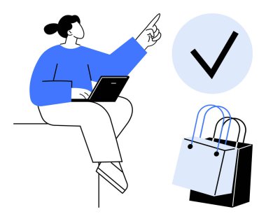 Alışveriş torbalarının yanındaki işaretlerde dizüstü bilgisayar kullanan bir kadın. E-ticaret, çevrimiçi alışveriş, dijital pazarlama, müşteri memnuniyeti, sipariş onayı, verimlilik, modern perakende satış