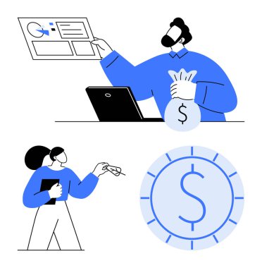 İnsanlar para çantasıyla mali stratejiyi tartışıyor, anahtarları veriyor ve ekrandaki verileri vurguluyor. Finans, bankacılık, yatırım, tasarruf, analitik ve iş ekonomisi için ideal