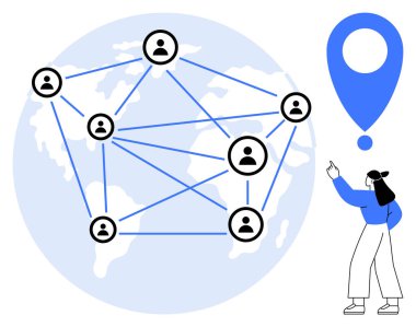 Bağlı kullanıcı simgeleri ve geniş nokta sembollü dünya haritası. Kadın etkileşimi. Takım çalışması, iletişim, küreselleşme, dijital etkileşim, lojistik, ağ bağlantısı için ideal. Düz basit