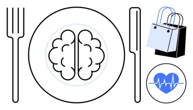 Beyni çatal ve bıçakla ortalanmış, yanında alışveriş torbaları ve nabzı atan bir kalp var. Zihinsel sağlık, bilişsel beslenme, dengeli yaşam, psikoloji, sağlıklı beslenme için ideal