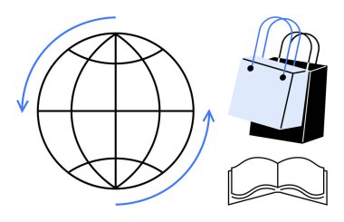 Yuvarlak okları, açık kitapları ve alışveriş torbaları olan bir dünya. Çevrimiçi perakende satış, küresel ticaret, eğitim, e-öğrenme, bilgi aktarımı, uluslararası ticaret tüketim kavramları için idealdir. Soyut çizgi