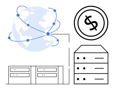 Küresel ağ bağlantıları, sunucu yığınları ve dolar işareti çemberi. Finans, teknoloji, ağ, ekonomi, küresel ticaret bulutu hesaplama yeniliği için idealdir. Düz basit metafor