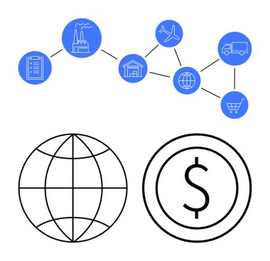Fabrika, depo, uçak, kamyon ve el arabalarının yer aldığı tedarik zincirinin diyagramı küresel ve finansal simgelerle bağlantılı. Lojistik, ticaret, ekonomi ve e-ticaret için ideal