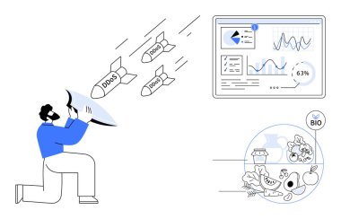 İnsan, DDOS saldırılarına karşı analitik gösterge panelini büyük bir koruyucu kalkan ile siber güvenlik, veri koruması, risk yönetimi ve bilişim için ideal doğal, organik ürünlerin altını çizerek koruyor.