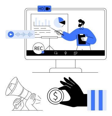 Ekranda çubuk grafikler, pasta grafikleri, el ele tutuşmalar ve iletişim için megafon ile çevrimiçi sunum. Dijital pazarlama, eğitim, iletişim, uzaktan çalışma, finans, işletme için ideal