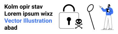 Adam güvenlik endişelerini kilit ve kafatası simgeleriyle ve yakınlardaki büyüteçle açıklıyor. Siber güvenlik, veri koruması, risk yönetimi, çevrimiçi güvenlik, teknoloji farkındalığı, eğitim, basit