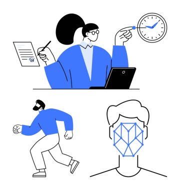 Belgeler, dizüstü bilgisayarlar, yüz tanıma şeması ve çalışan figürler üzerinde çalışan profesyoneller. Zaman yönetimi, teknoloji, kimlik, aktivite, üretkenlik, verimlilik analizi için ideal