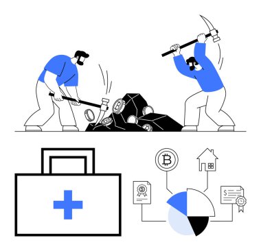 Taşları aletlerle kıran madenciler, sağlık işaretli evrak çantası, değerli sembollü pasta grafiği. Endüstri, kripto, finans, yatırımlar, analitik kaynaklar için ideal ekonomik güç. Düz basit