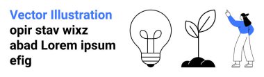Akıllı telefon kullanan kadın, fikirleri sembolize eden ampul, büyümeyi temsil eden genç bitki. Yenilik, sürdürülebilirlik, yaratıcılık, teknoloji, eğitim, girişimler ve basit bir iniş sayfası için ideal